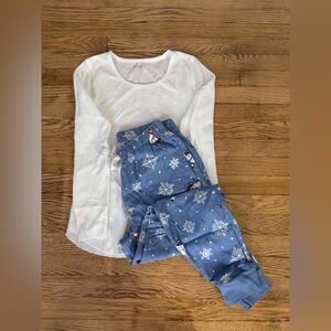 Blue Snowflake and Polar Bear on Sleds Pajama Pants and White Waffle Knit Shirt